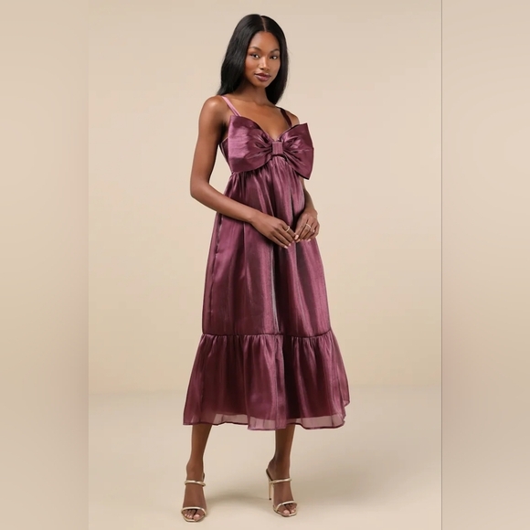 Lulus Extravagant Initiative Shiny Plum Organza Bow Midi Dress M Wedding Party - Picture 2 of 9